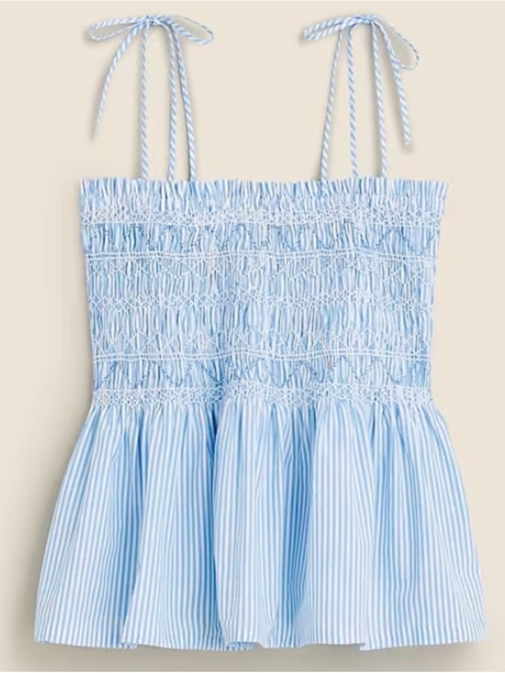 J. Crew Light Blue and White Striped Smocked Peplum Cami
